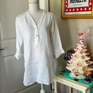 Rosemarie Vintage White Linen Tunic/Beach Roll Tab Sleeve Made in Italy Sz M